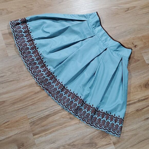 🔺️Anthropologie Ladakh Blue & Brown Embroidered Skirt Size 10 - Picture 2 of 8